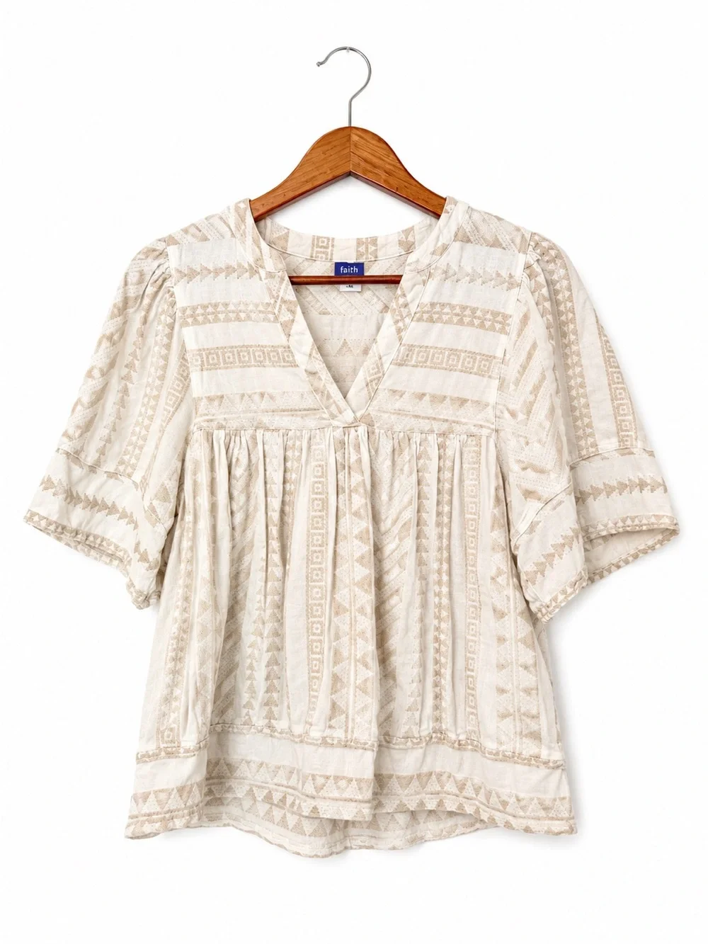 Old Navy Cream Patterned V-Neck Peasant Blouse